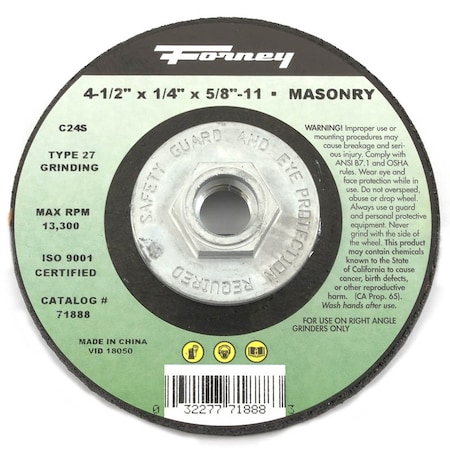 Forney Grinding Wheel, Masonry, Type 27, 4-1/2 in x 1/4 in x 5/8 in-11 71888